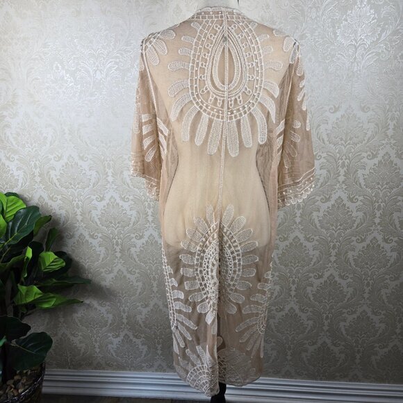 Rebellion Again One Size Boho Ivory Cream/Blush Open Front Kimono CoverUp - Picture 6 of 10